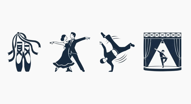 Minimalist dance icons set, ballroom dancing couple and breakdancer silhouettes, ballet pointe shoes and theater stage vector illustrations