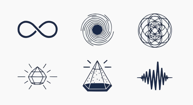 Minimalist sacred geometry icons set, black linear mystical symbols including infinity and pyramid, 6 vector elements for spiritual branding