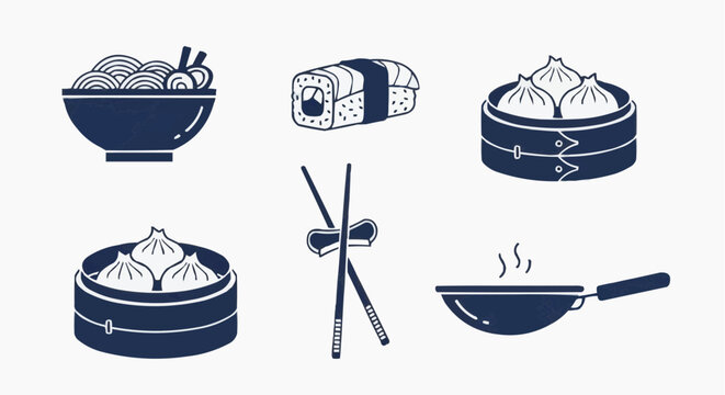 Minimalist Asian food icons set, navy blue Japanese sushi and Chinese dim sum vector illustrations, 6 culinary elements for restaurant menu design