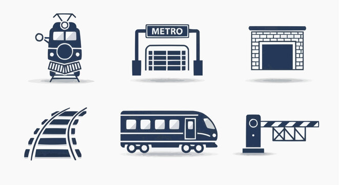 Railway and metro station icon set, 6 flat vector elements for public transportation, locomotive and subway train symbols for logistics and travel