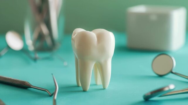 A single tooth model on a dentist's workbench, surrounded by tools and equipment.