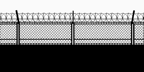 Barbed wire fence silhouette against white background