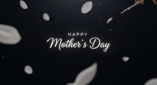 Happy Mother's Day glowing text on dark background with falling white flower petals and silver flute, elegant musical celebration concept, minimalist holiday greeting card design.