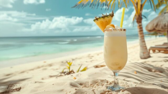 A refreshing drink with a slice of pineapple and an umbrella stick on the sandy beach by the ocean.