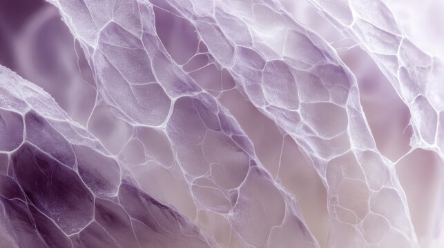 Extreme macro of onion skin layer with translucent membrane and fine structure, soft purple and white tones, organic skeleton effect, isolated