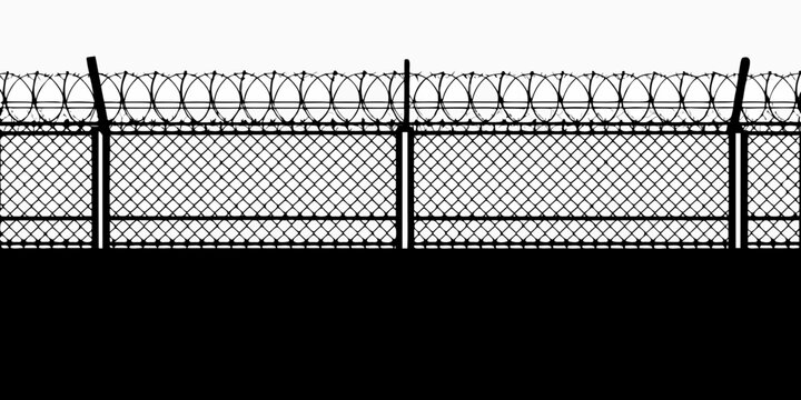 Barbed wire fence silhouette against white background