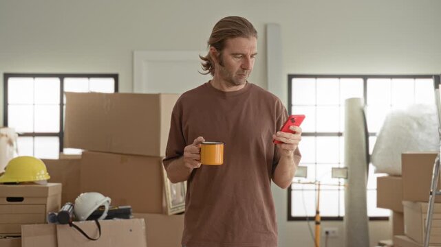 Man sipping coffee from an orange mug while checking a red smartphone amid packed boxes and hardhats in a building; calm contemplation.