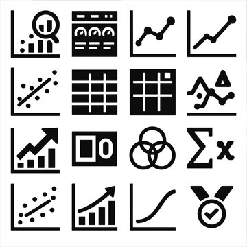 Collection of icons representing data analysis, charts, graphs, and statistics for business insights
