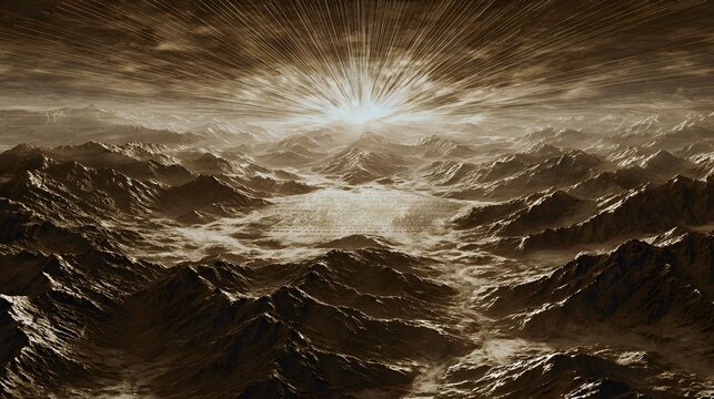 God Engraves the Ten Commandments on Two Stone Tablets on Mount Sinai by the finger of God as the main subject + multiple mountain ridges converging toward the central engraving point + radiant direct