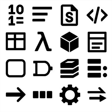 Collection of 16 diverse black and white vector icons representing technology and data concepts