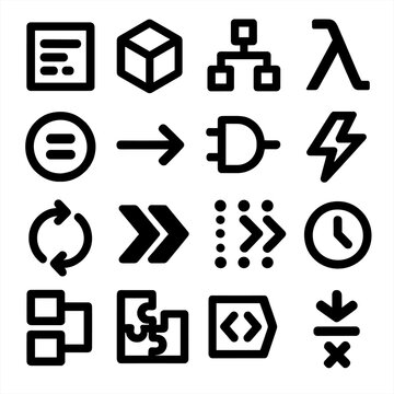 Collection of 16 diverse icons representing abstract concepts and actions for digital interfaces