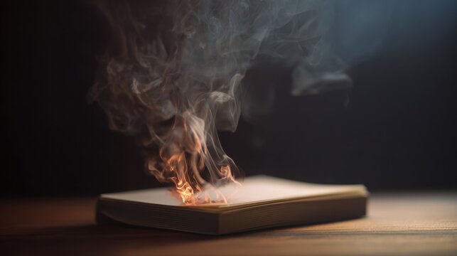 Notebook with edges slowly burning, soft smoke rising, minimal desk background, strong contrast, concept of burnout and emotional exhaustion
