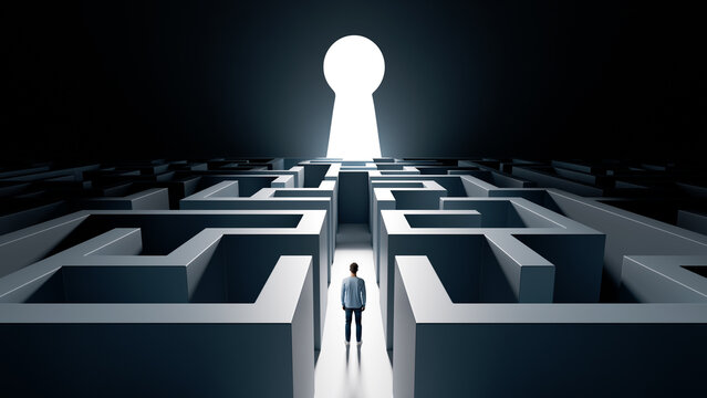 Man standing in a complex maze looking toward a glowing keyhole exit representing the definitive solution to corporate challenges and career growth, 3d render