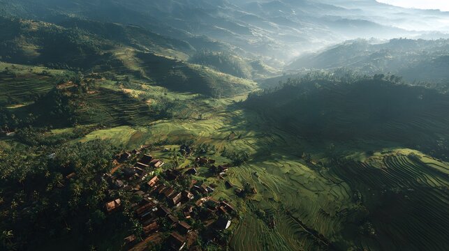 aerial view of terraced rice fields and scattered rural homes as the main subject + landscape transitioning from darker valley areas into illuminated hilltops + soft directional light creating gradual