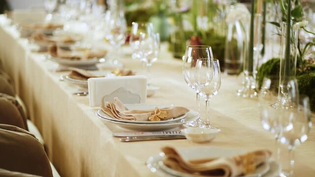 Setting a table for a dinner event with plates, glasses, and napkins
