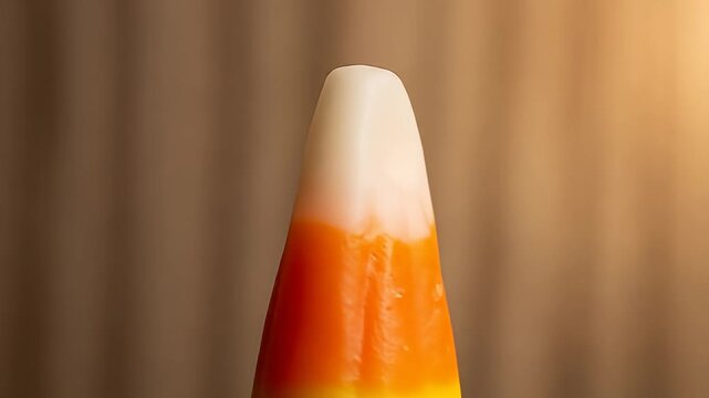 Macro shot of a candy corn treat with layered colors on a blurred wooden background