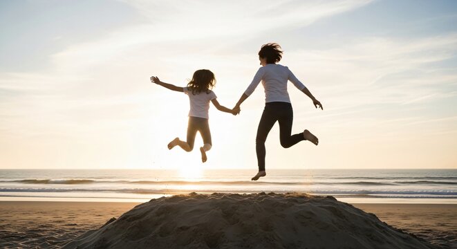 Silhouette of mother and daughter jumping for joy on a beach at sunset, holding hands, family bonding, carefree summer vacation, celebrating motherhood and unconditional love.