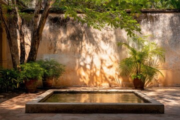Fototapeta premium Tranquil Scene of Water Feature Surrounded by Tropical Foliage