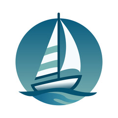 Logo nautical. Vacaciones de verano. Dibujo minimalista de un barco de vela navegando en el mar con olas, con un círculo de fondo  © teracreonte