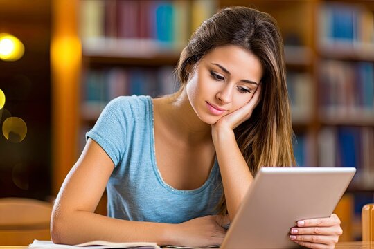 Focused Girl Studying With Tablet in Minimalist Library Setting
