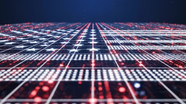 Digital abstract pattern resembling American flag data grid, red and white lights glowing on dark blue background, technology concept