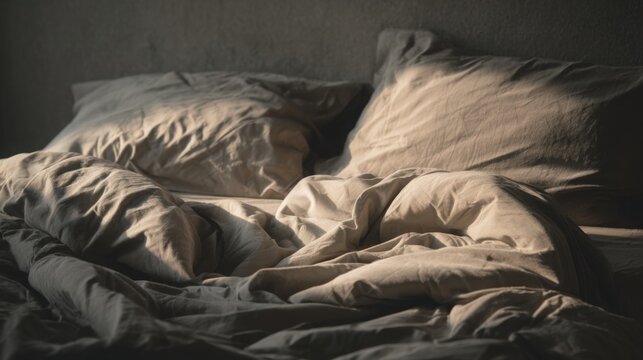 Unmade with soft morning light falling on sheets, natural textures, calm intimate atmosphere, minimal composition, poetic everyday scene, large