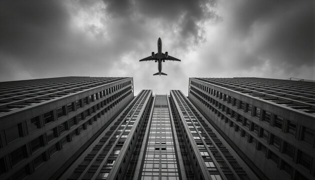 A dramatic black and white photograph captures a passenger airplane ascending between two towering skyscrapers, emphasizing a sense of scale and ambition.