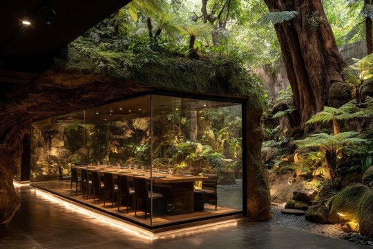 Modern Glass Boardroom Overlooking Lush Green Interior Design