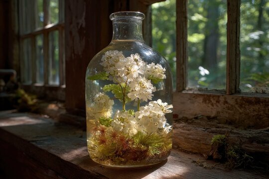 Glass Jar Infusion of Wild Herbs in Sunlit Woodland Setting