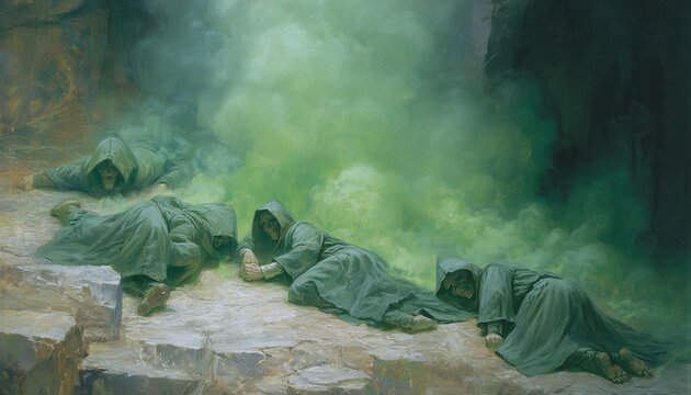 A painting depicting four figures cloaked in green, seemingly frozen in time within a swirling, ethereal mist.