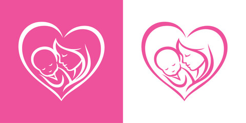 Naklejka premium Logotipo con dibujo minimalista con líneas de una madre abrazando a su hijo en un corazón, para tarjetas y felicitaciones del Día de la Madre