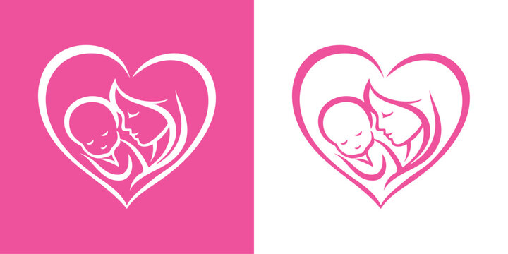 Logotipo con dibujo minimalista con l&iacute;neas de una madre abrazando a su hijo en un coraz&oacute;n, para tarjetas y felicitaciones del D&iacute;a de la Madre