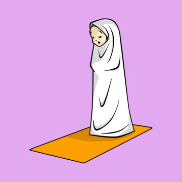 Muslim Girl Praying on a Prayer Mat Illustration, Young Woman in White Hijab Performing Salat