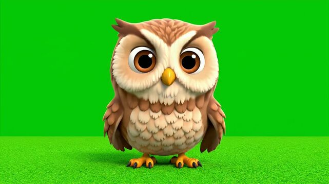 Adorable Cartoon Owl Character Standing on Green Grass Isolated on a Vibrant Chroma Key Background With Detailed Feathers and Big