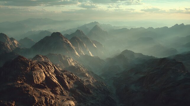 God Engraves the Ten Commandments on Two Stone Tablets on Mount Sinai by the finger of God as the main subject + layered atmospheric haze separating foreground and distant peaks + soft volumetric ligh