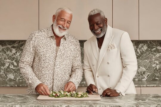 Two Men Preparing Seasonal Salad in Minimalist Kitchen Setting