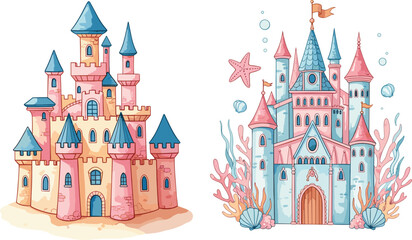 Fototapeta premium Fantasy Castle Illustration Set with Colorful Fairytale Palaces and Underwater Kingdom Architecture for Kids Design, Storybook Scenes, Magical Themes, and Creative Vector Projects