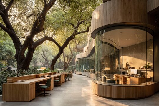 Modern Working Space Design with Curved Wood Elements and Nature