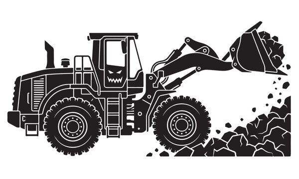Wheel loader silhouette, front end loader machine, construction site, vector isolated on white