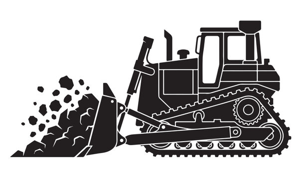 Angle blade bulldozer silhouette, dozer pushing soil, construction site, vector isolated on white