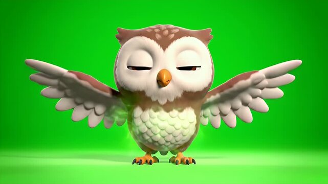 Adorable Cartoon Owl Character With Big Eyes and Brown Feathers Isolated on a Vibrant Green Screen Background Emitting a Gentle