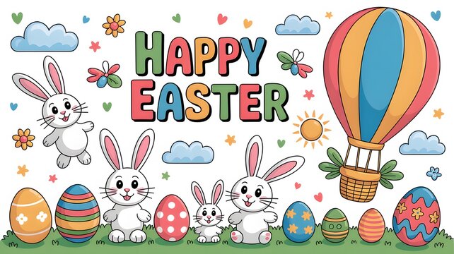 Colorful Easter celebration with bunnies, eggs, and hot air balloon in spring garden