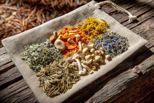 Raw Medicinal Mushrooms and Herbs Spread Out on Natural Background