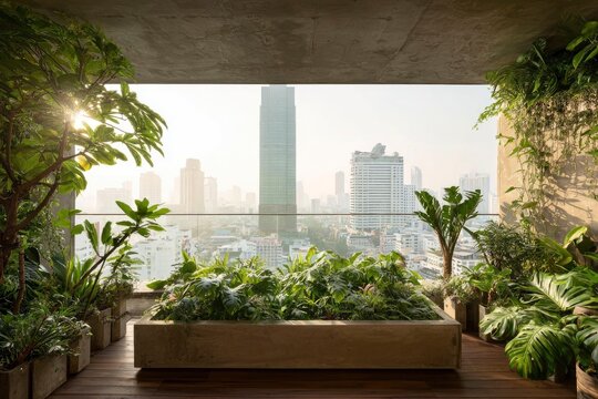 Concrete Balcony with Plants Overlooking Dense Urban Landscape