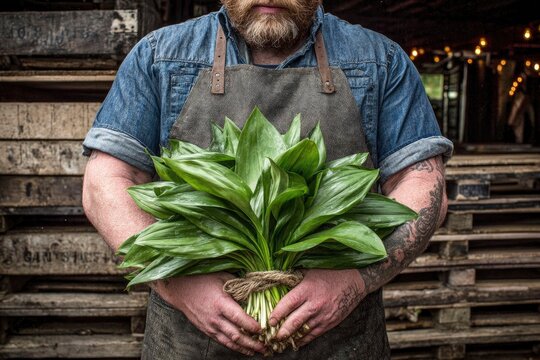 Artisan chef holding fresh wild garlic bundle in rustic kitchen