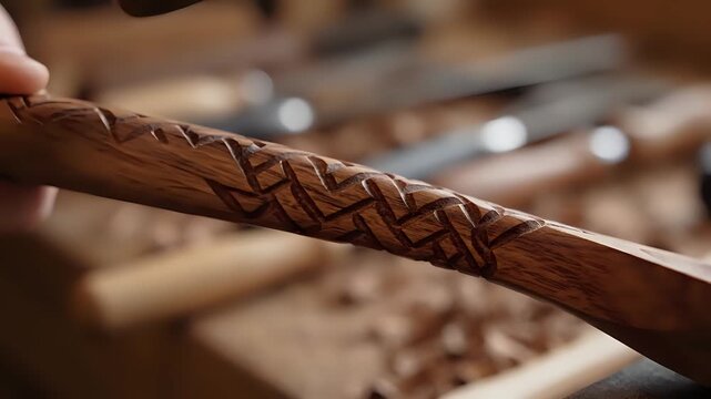 Closeup of intricate Celtic knot carving on wooden spoon handle.
