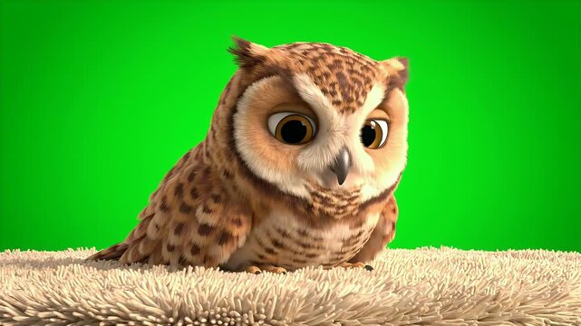 Adorable Young Barn Owl Character on a Fluffy Surface Against a Vibrant Green Screen Background with Expressive Eyes and Detailed