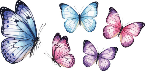 Colorful Butterfly Illustration Set with Detailed Wings in Blue Pink and Purple Shades for Nature Design, Decorative Art, Spring Theme, and Creative Vector Projects © Sultana