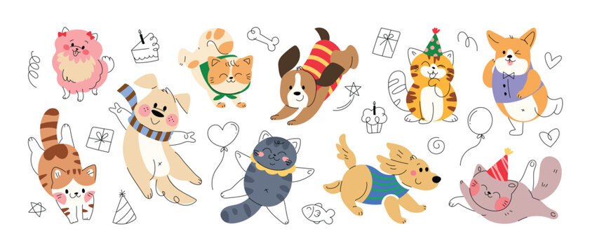 Collection of playful cat and dog with smiling, running and jumping. Flat doodle cartoon vector illustration.
