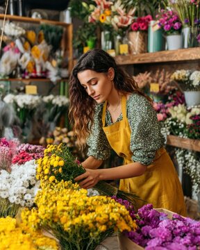 Female Florist Arranging Vibrant Bouquets in Flower Shop Setting
